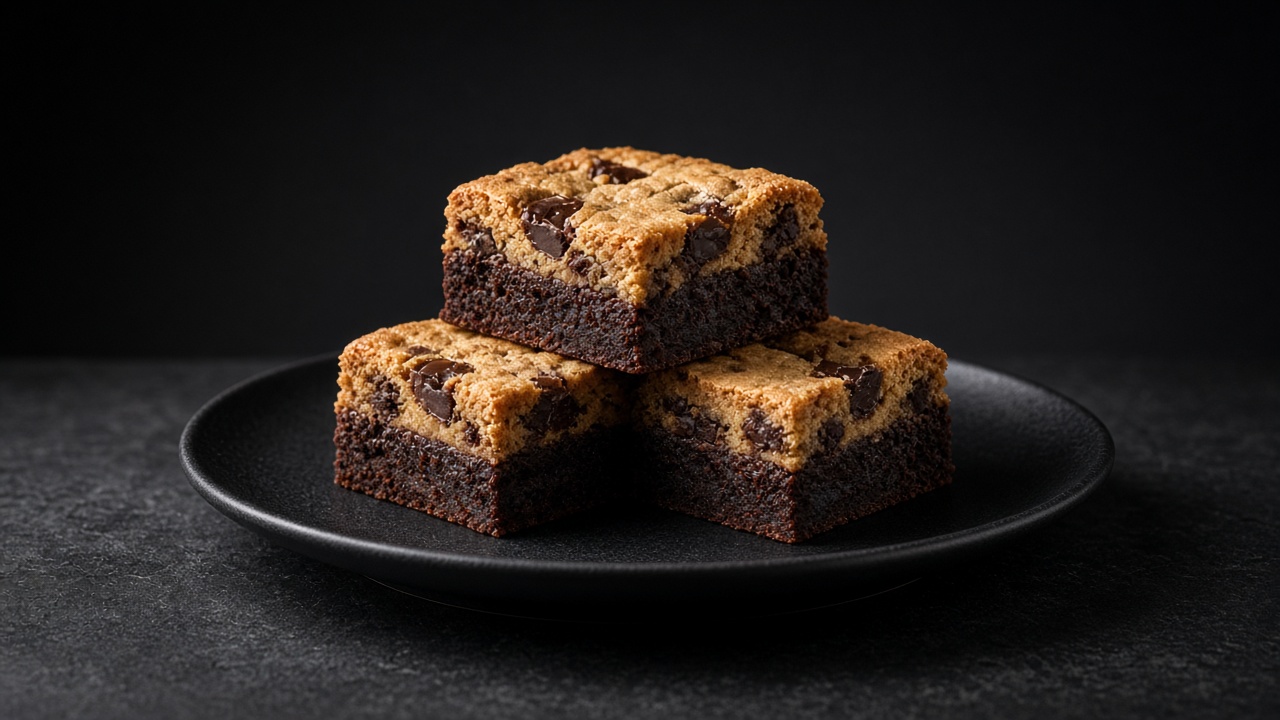 Brookie bars showing a dark brownie base under a golden chocolate chip cookie layer on a black plate against a dark background.