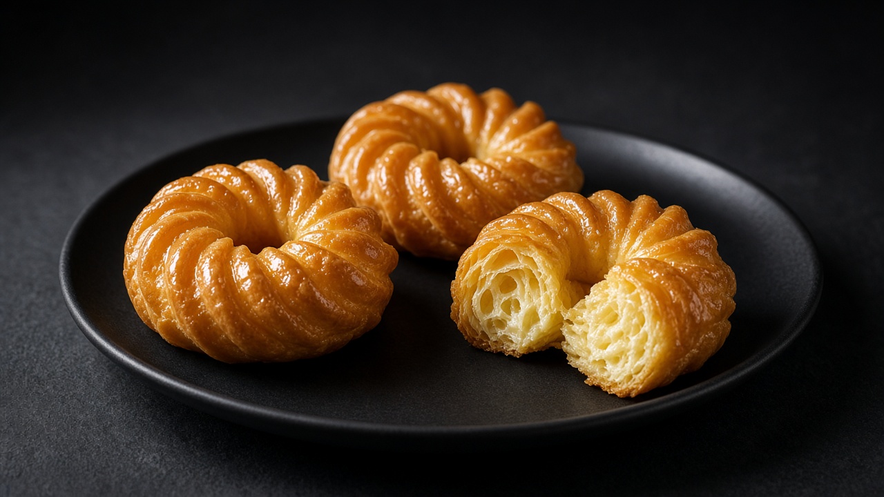 Glossy ridged French crullers, one broken open to show the airy inside.
