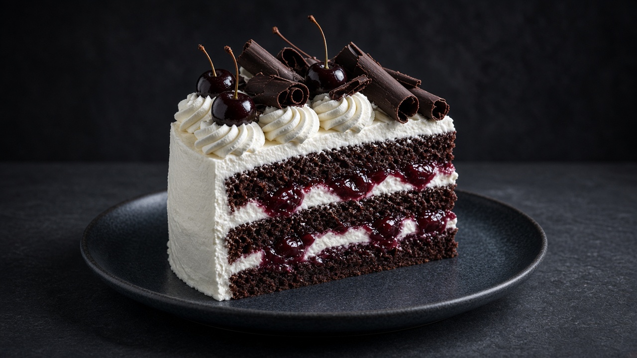 A slice of Black Forest cake with chocolate sponge, whipped cream and cherries, topped with cream rosettes, cherries and chocolate curls on a black plate on dark slate.