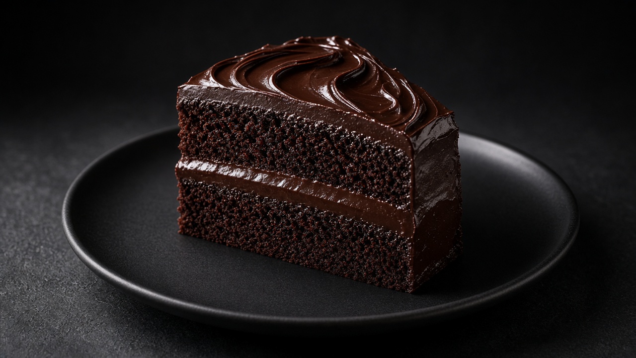 A tall slice of dark chocolate layer cake with glossy swirled chocolate frosting on a black plate on dark slate.