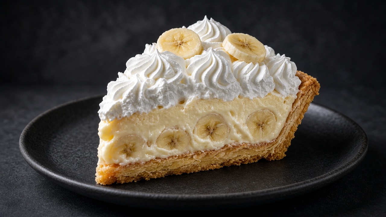 A slice of banana cream pie showing banana slices in thick vanilla cream under tall whipped cream and fresh banana.