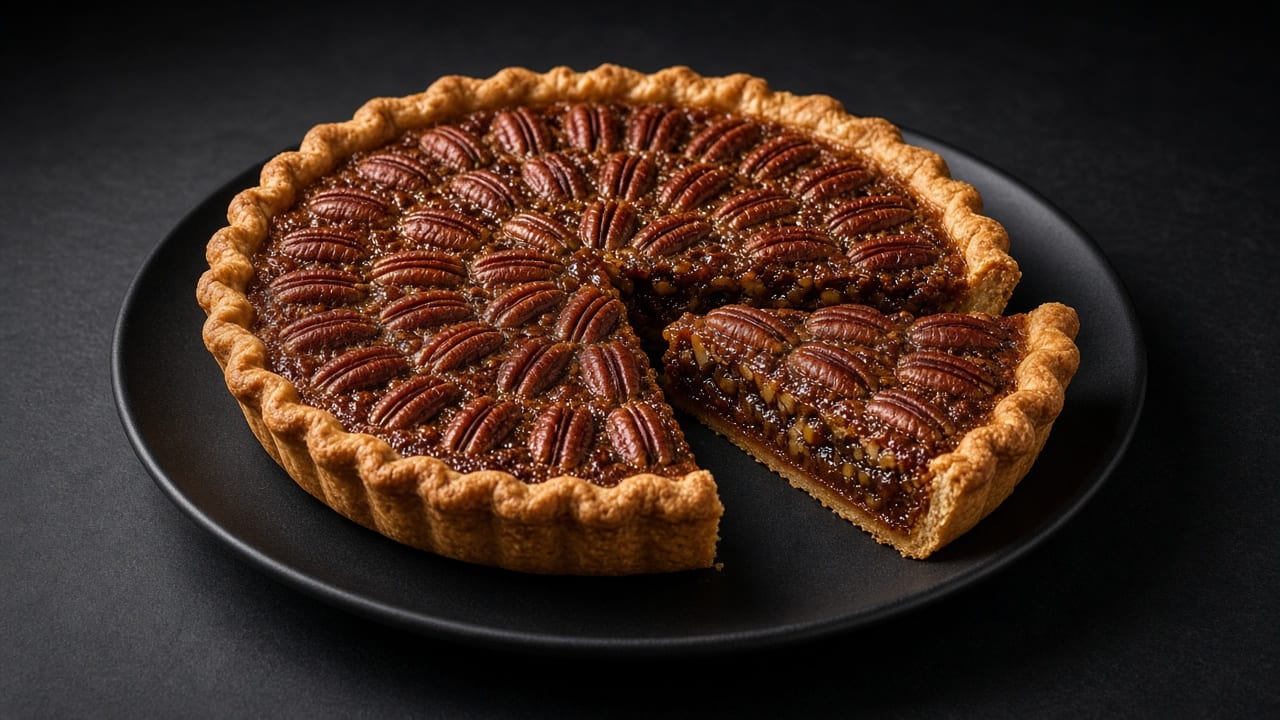 A whole pecan pie topped with neat rings of glossy pecan halves, with one wedge cut out.