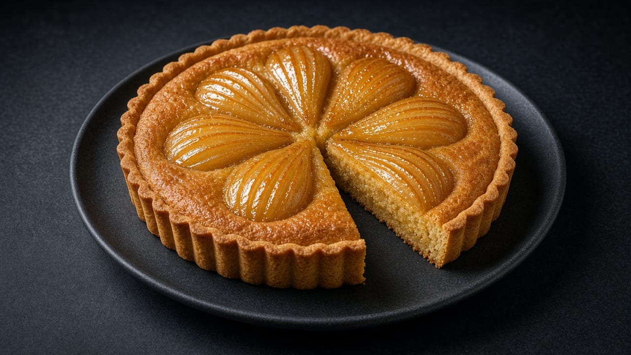 A fluted tart with fanned pear halves set in golden almond frangipane, a slice cut out.