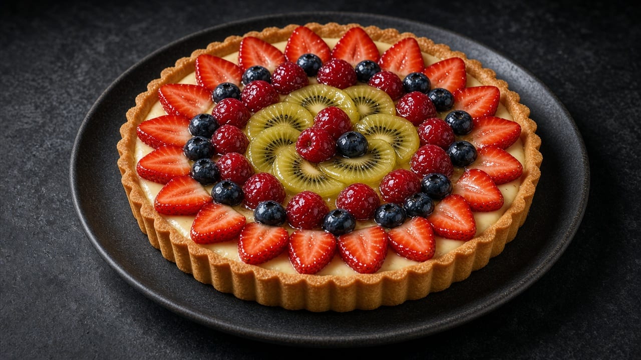 A round fruit tart with a fluted golden crust, topped with rings of strawberries, kiwi, raspberries and blueberries.