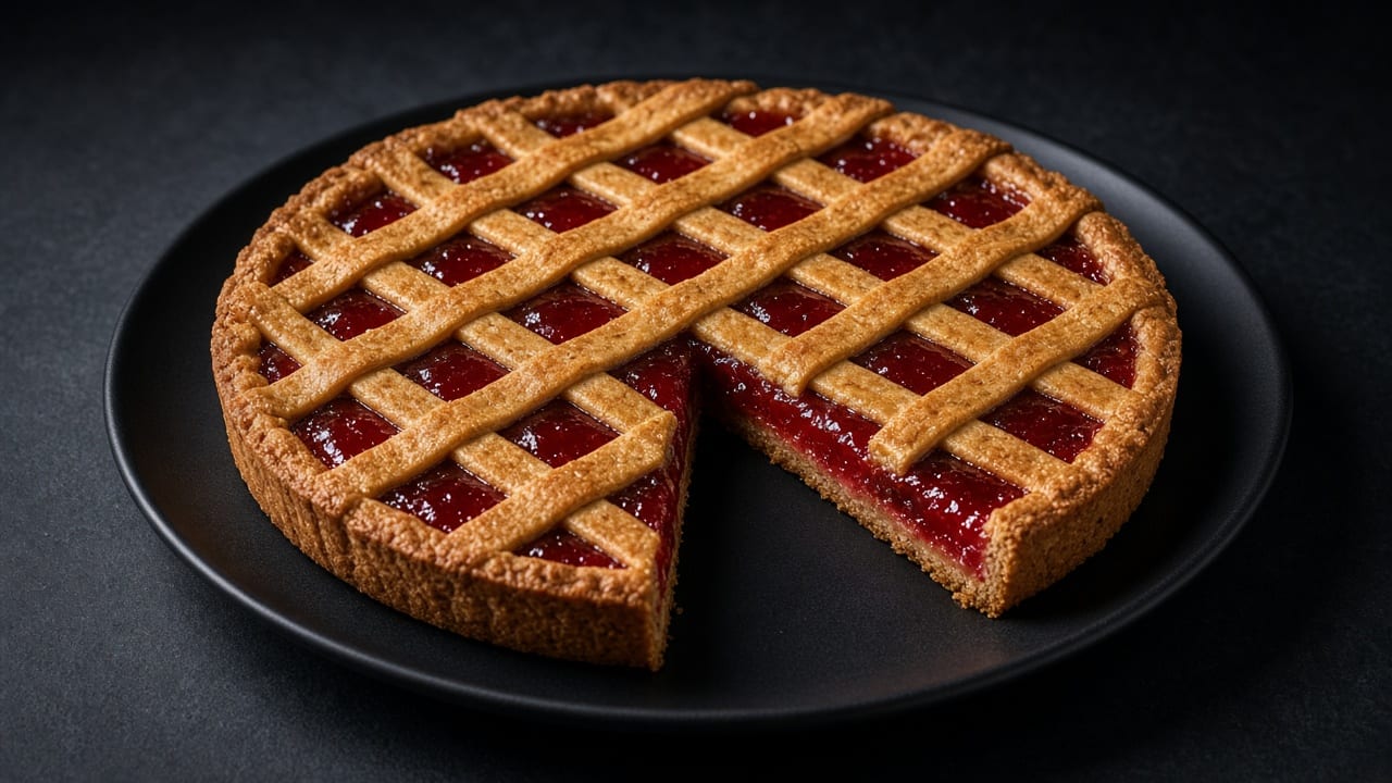 A golden hazelnut Linzertorte with a diamond lattice over red raspberry jam, a wedge cut out.
