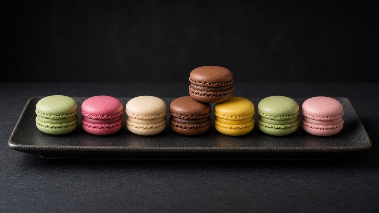A pile of French macarons in green, pink, cream, brown and yellow, each sandwiched with a matching filling.