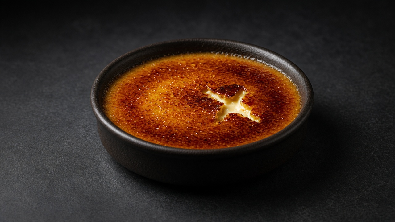 A round dark ramekin of crème brûlée with a glassy, deep amber caramelised sugar crust.