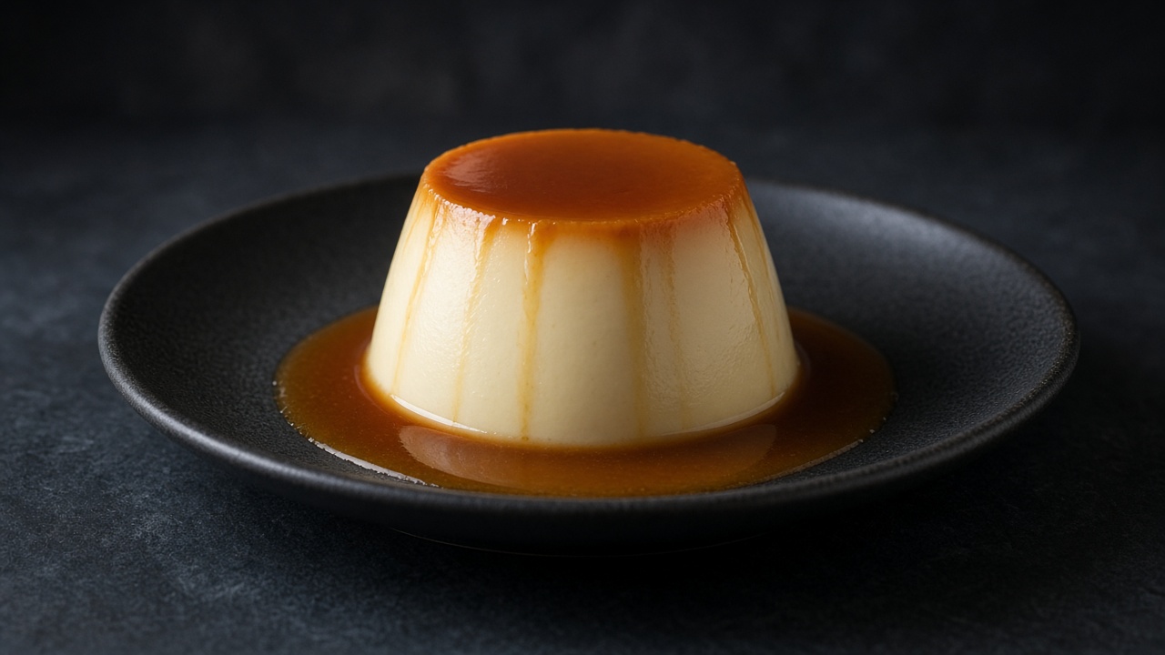 A turned-out crème caramel on a dark plate, glossy amber caramel running down its sides.