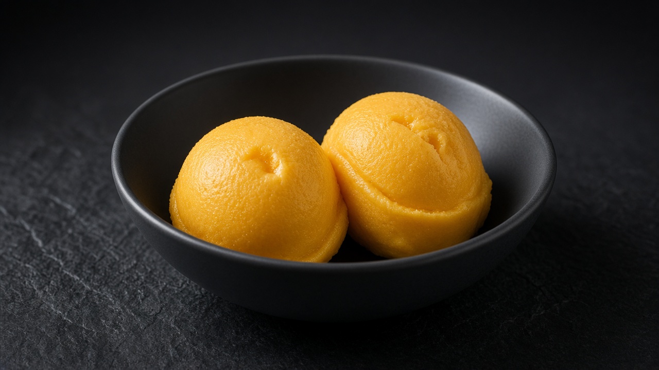 Two round scoops of deep orange mango sorbet in a dark bowl.