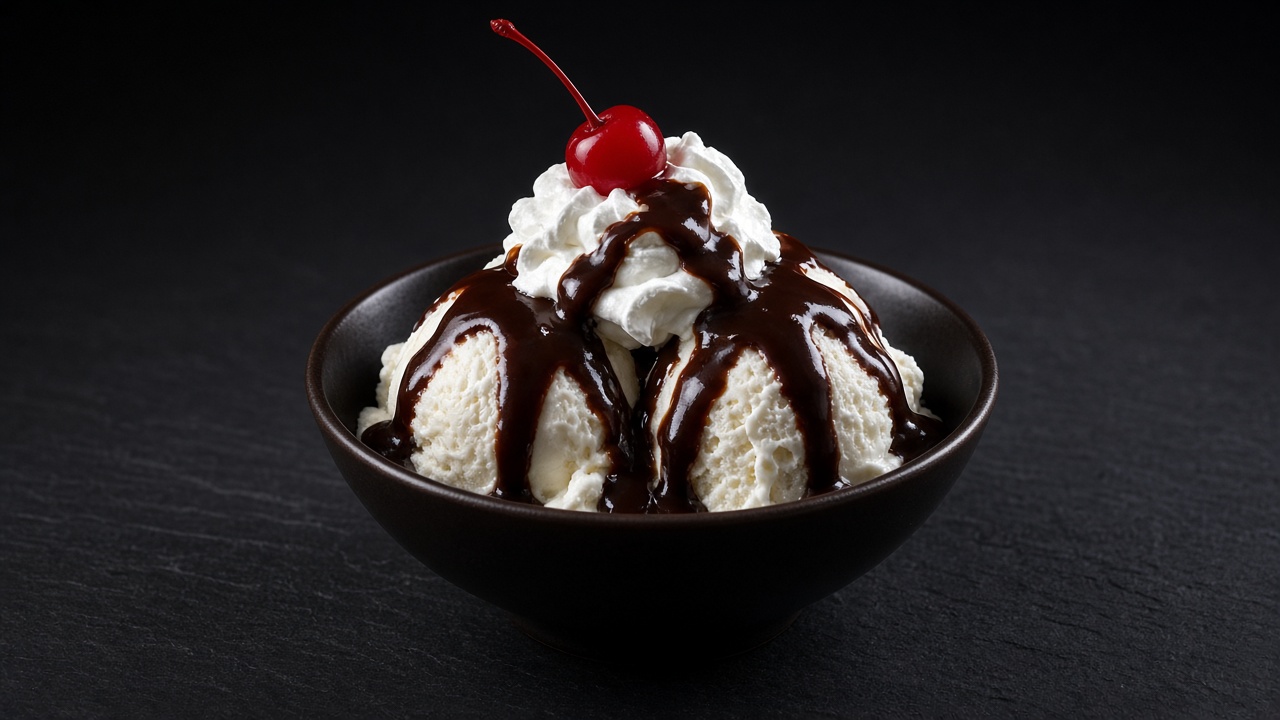 Vanilla ice cream drizzled with dark hot fudge, topped with whipped cream and a red cherry, in a dark bowl.