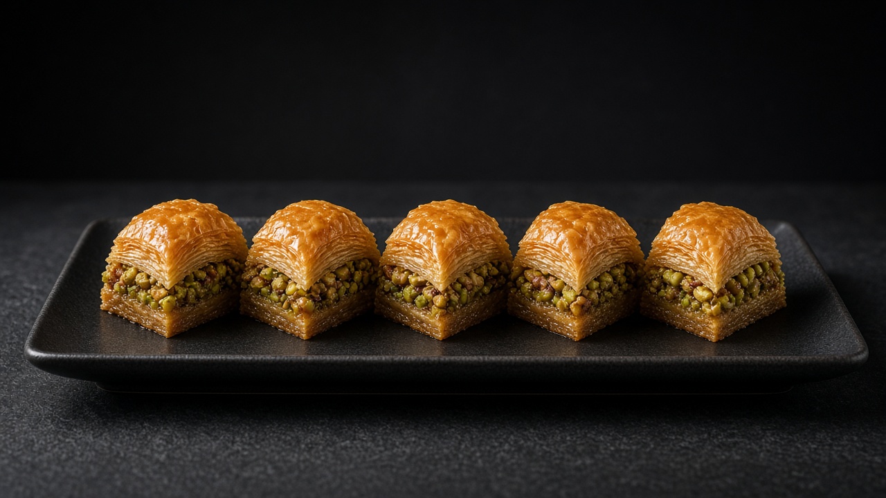 Squares of golden layered filo baklava with a coarse pistachio and walnut filling, glistening with syrup.