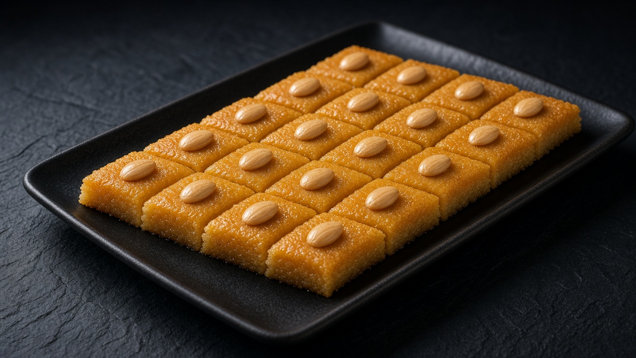 Golden squares of syrup-soaked semolina cake, each topped with a whole blanched almond.