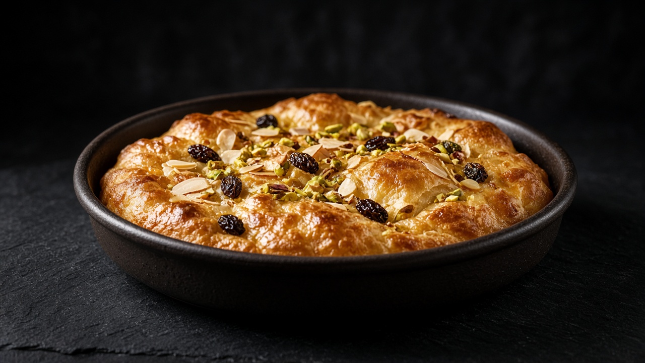 A round dish of golden puffed pastry pudding topped with flaked almonds, chopped pistachios and dark raisins.