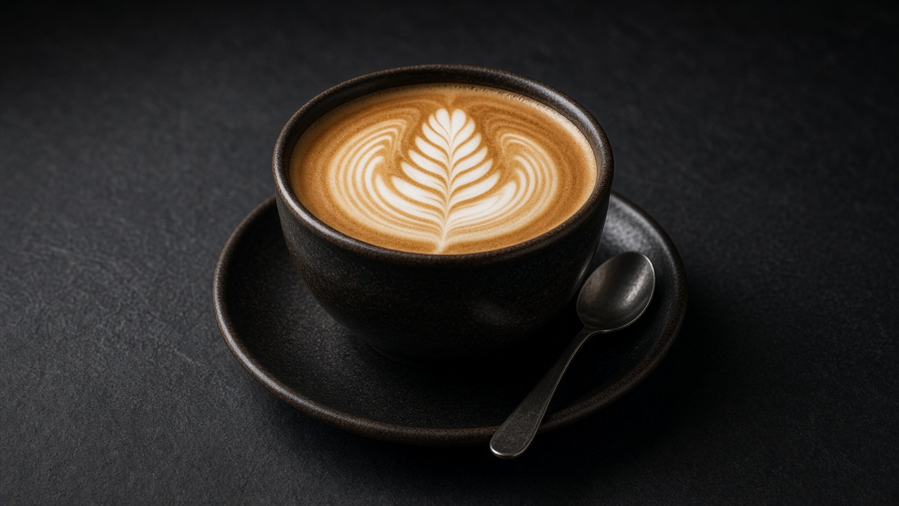 A wide black cup of caffè latte with a rosetta pattern poured in the foam, on a saucer.