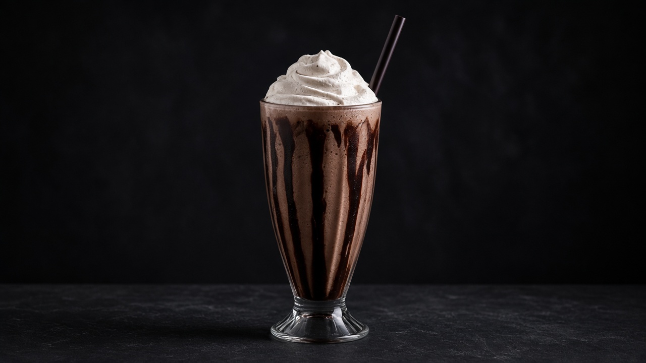 A tall glass of thick chocolate milkshake streaked with chocolate syrup, topped with whipped cream and a straw.